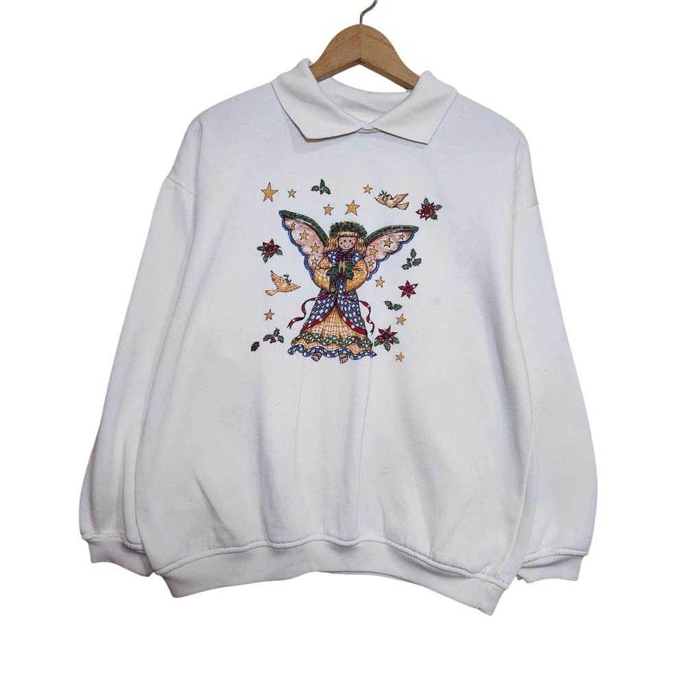 Vtg 80s Christmas Angel Sweatshirt Women Large White Graphic Holiday Pullover
